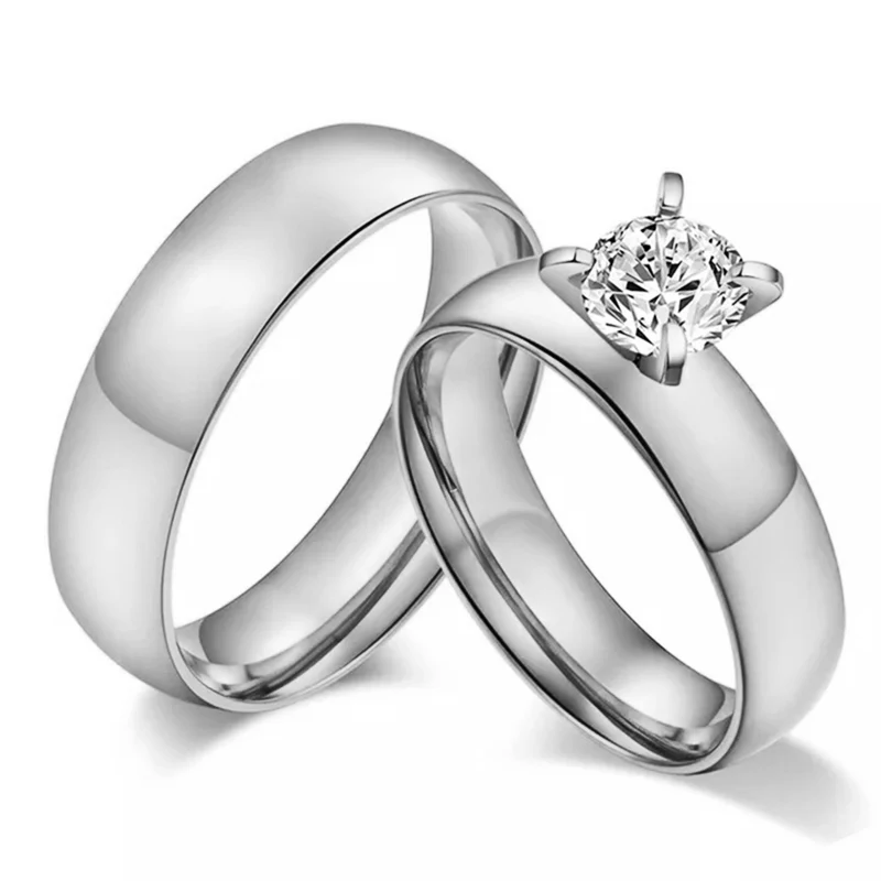 Letdiffery Блестящий большой кристалл свадебные кольца для пар 6 мм золото нержавеющая сталь влюбленных женщин обручальные ювелирные изделия - Цвет основного камня: Silver Ring  set