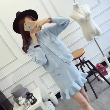 

2018 Autumn Women Knitted Coats+Fishtail Dress Sets Knitting Solid Coat and Ruffles Mermaid Dresses Set for Ladies Woman