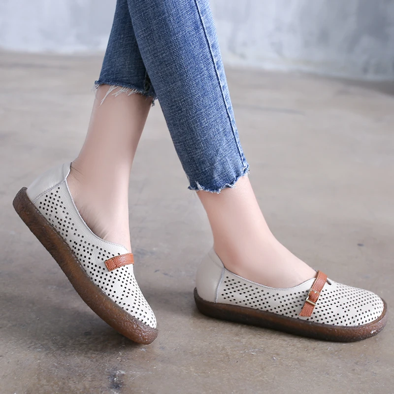 

JELLYFOND Women Summer Fashion Flat Sandals Genuine Leather Flat Handmade Shoes Ethnic Breathable Sandals Soft Sole Shoes Woman