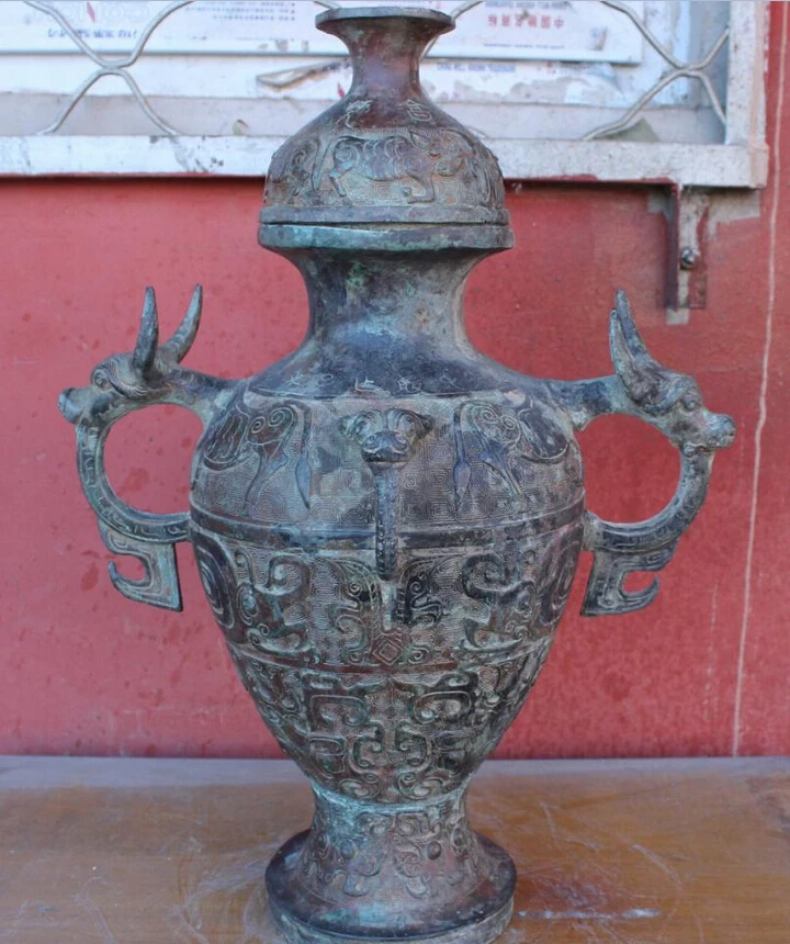 

S4508 19" Chinese Old Bronze Dragon Sheep Head Statue Vase Pot Bottle Jar Tank Box D0318