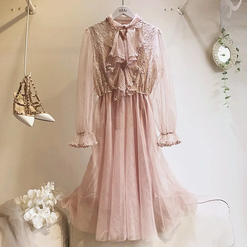 

French Romance Beading Ruffles Collar Transparent Mesh Midi Dress Long Sleeve Lace Dress Sweet Fairy Lolita Dress Vestidos 2019
