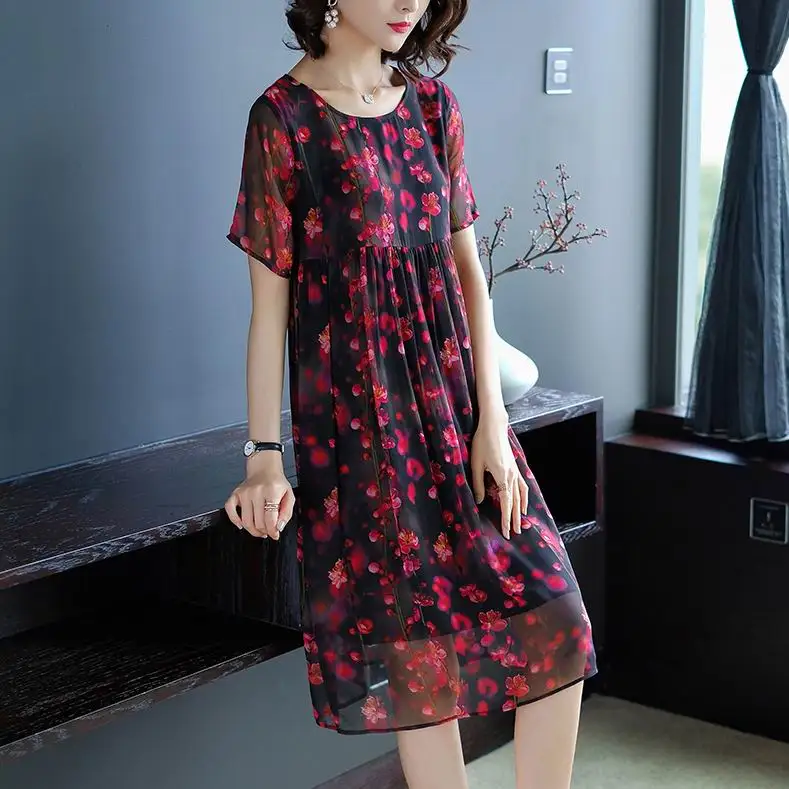 

Plus size 3XL 2019 New Plus Size Casual Women Dress Elegant Loose Knee-Length Summer Dresses Thin Chiffon Printing Flower O-Neck