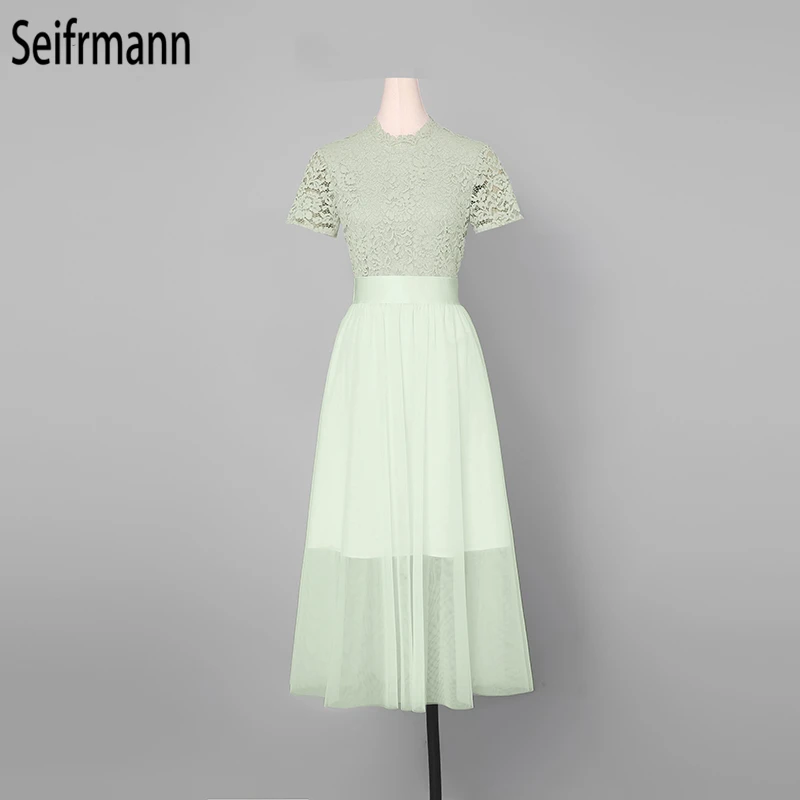 Seifrmann модные летние костюмы для подиума Женские повседневные кружевные открытые топы+ элегантная сетчатая юбка с накладкой на талии комплект из 2 предметов
