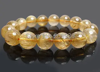 

huij 00602 13-13.5mm Natural Gorgeous Golden Rutilated Quartz Round Beads Bracelet