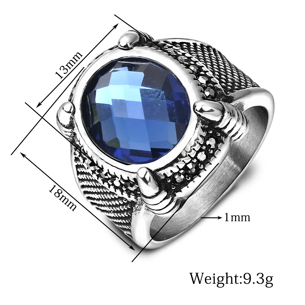 Personalized Cool Men Blue Stone Crystal Rings Stainless Steel Wedding Rings for Men Jewelry 18mm Wide Rings Jewelry Size7-12