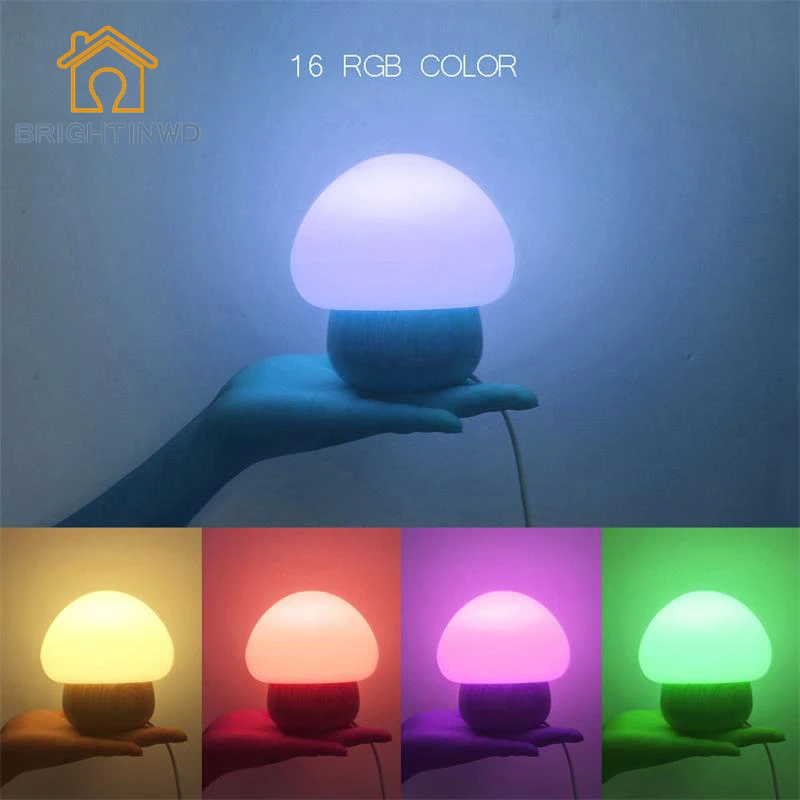 

BRIGHTINWD Wooden Craft LED Eye Protection Mushroom Night Light Charging Remote Control Bed Can Change Color Small Table Lamp
