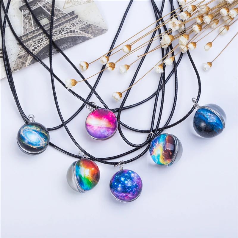 

Collares Duplex Planet Crystal Stars Ball Glass Galaxy Pattern Leather Chain Pendants Maxi Necklace For Womem Girlfriend Gift