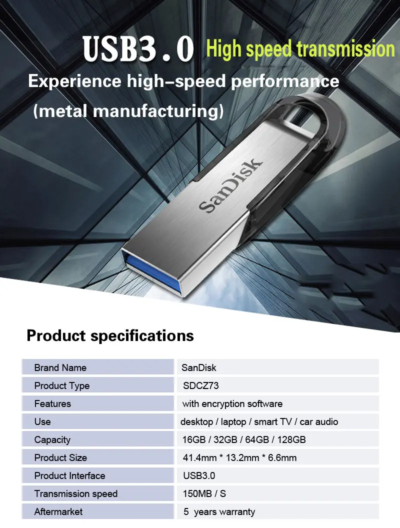 SanDisk CZ73 USB флэш-накопитель 128 Гб 64 ГБ 32 ГБ USB 3,0 Металлический флеш-накопитель 16 Гб карта памяти устройство для хранения U диск