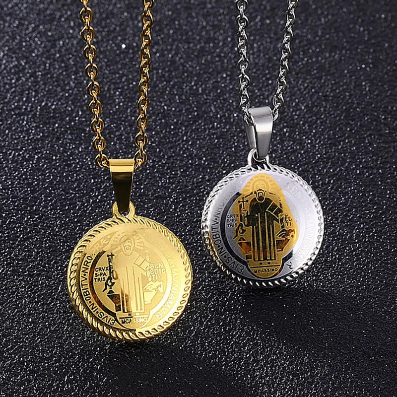 

Vintage Gold St. Benedict Necklace San Benito Medal Pendant Stainless Steel Religious Catholic Pendants for Protection Jewelry