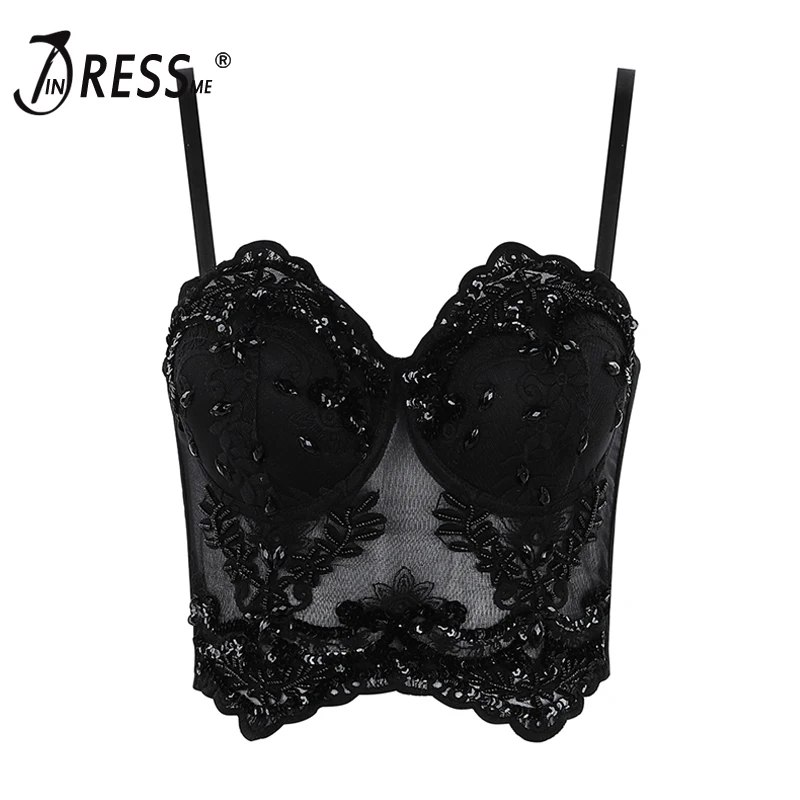 

INDRESSME 2019 New Sexy Bra Cropped Top Embellished Lace Beading Spaghetti Straps Skinny Hot Summer Women Sexy Club Party Tops