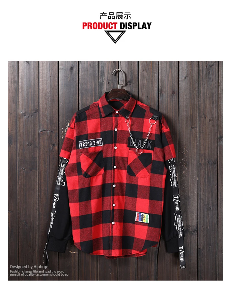 Red And Black Plaid Patchwork Shirt Men  (14)