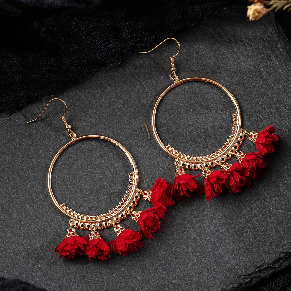 Golden Round Cloth Flowers Dangling Drop Earrings for Women Female