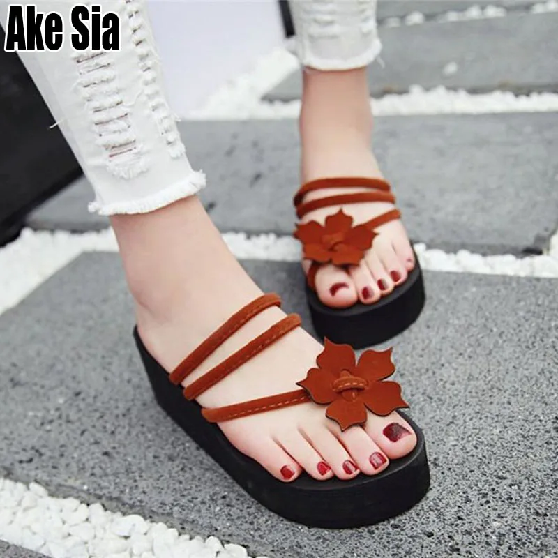 

Ake Sia Girlish Flower Women Ladies Solid Color Summer Babouche Platforms Mules Wedge Heels Beach Flip-Flops Slippers Shoes A169