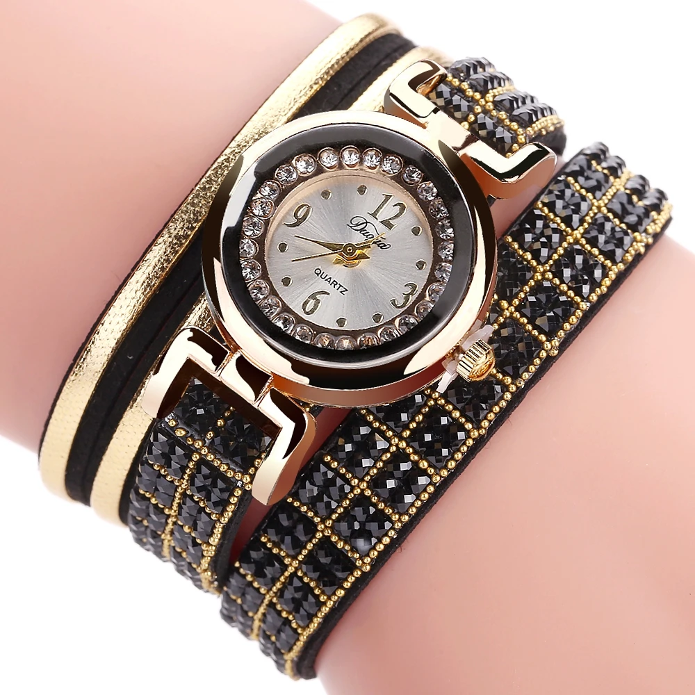 

Women Watches Leather Wrap Ladies Quartz Watch Clock Bracelet Clasp Rhinestones Creative Cost Wrist Watches Reloj Mujer
