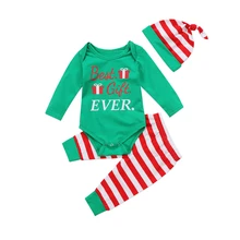 Комплект детской одежды из 3 предметов для новорожденного мальчика и девочки, детский Рождественский комбинезон с длинными рукавами, боди, штаны в полоску, комплект с пантисом и шапочкой для детей 0-24 месяцев