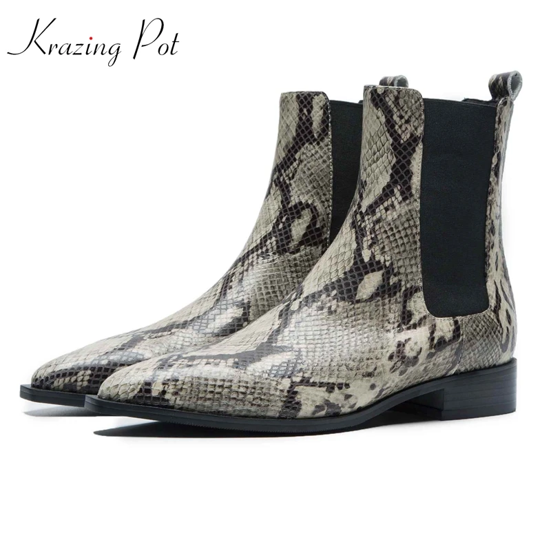 

Krazing Pot new vintage neutral genuine leather snake patterns leather slip on pointed toe European basic mature ankle boots L17