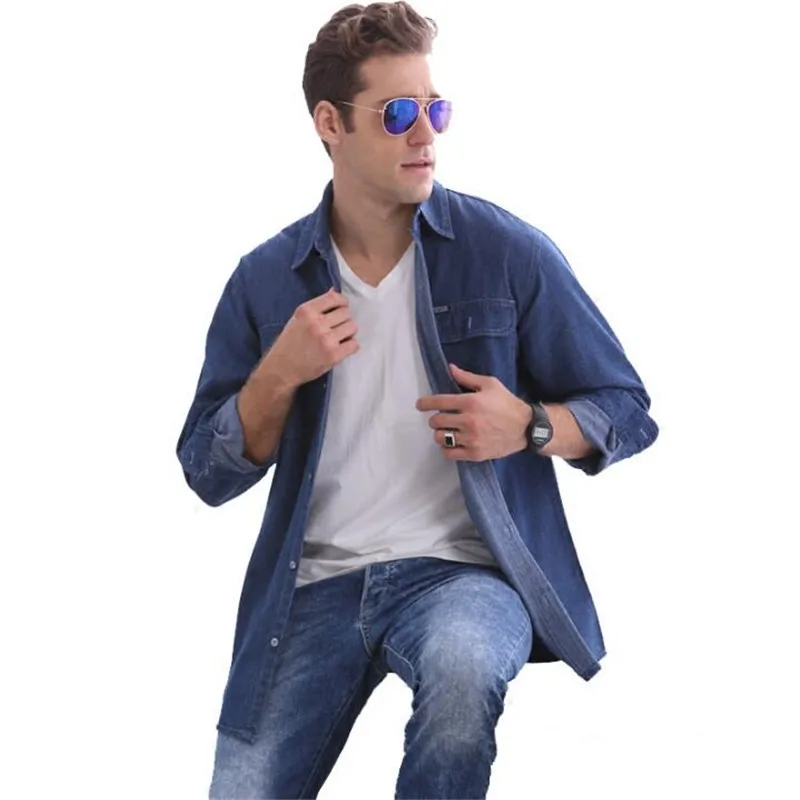 Мужские джинсовые рубашки размера плюс с длинным рукавом 4Xl, свободные однобортные мужские летние тонкие дышащие рубашки, синяя Повседневная рубашка для мужчин A3604 - Цвет: navy blue super thin