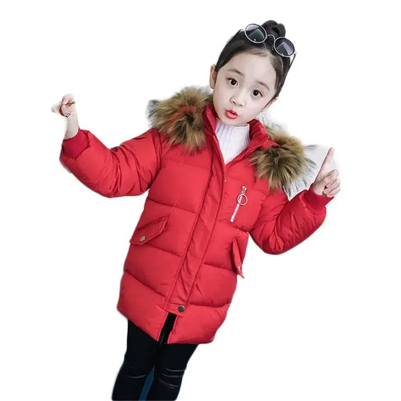 

New 2018 Winter Fashion Children Jackets Girls Kids Warm Thick Faux Fur Collar Hooded Coat Baby Long Down Cotton Overcoats G348