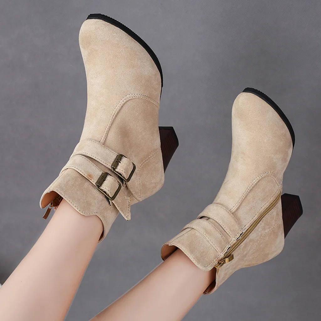 Женские ботинки в римском стиле, большие размеры, с боковой молнией и ремешком, с пряжкой, на не сужающемся книзу массивном каблуке, Женская Удобная Демисезонная обувь, C50