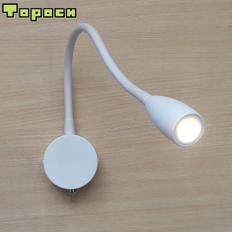 

Topoch White Wall Lights for Reading on-off Switch Hard-wired Minimalist Flexible Neck Tapered Head Focussing Lens 3W LED 200LM