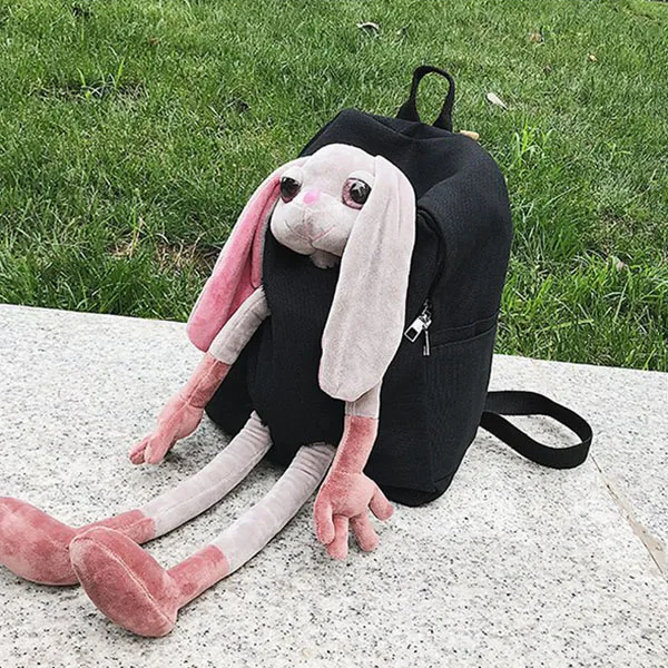 Женские рюкзаки в стиле Харадзюку с плюшевой куклой Кроликом, большая вместительность, Холщовый женский Школьный Рюкзак Для Путешествий, Kawaii, слон, кошка, школьные сумки для девочек - Цвет: Black Rabbit