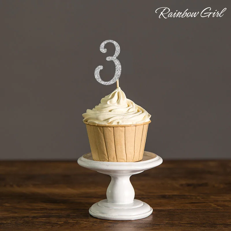 Номер три золотых/серебряных блестящих кексов Toppers-Детские украшения на день рождения 10 шт. для тортов - Цвет: Silver