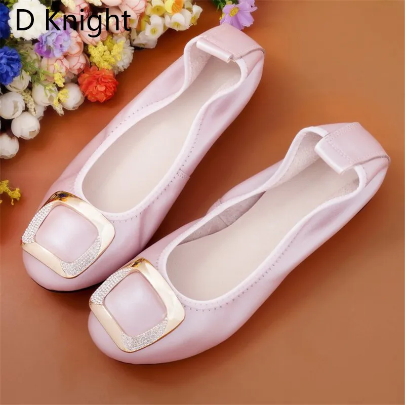 Comfortab Women's Flat Shoes Large Size 12 Genuine Ballet Leather Footwear for Women Csytal Metal Decoration Female Loafer Shoes (11)