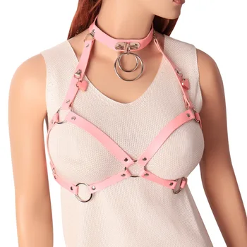 

New PU Leather Pink Harness Punk Goth Cupless Bra Tops Harness Belt Body Bondage Chest Metal chain Black Lingerie for Women