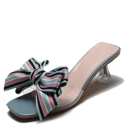 Новейшие женские босоножки на высоких каблуках летние прозрачные ПВХ mutli Color Бабочка-узел тапочки прозрачном каблуке шлепанцы с открытым