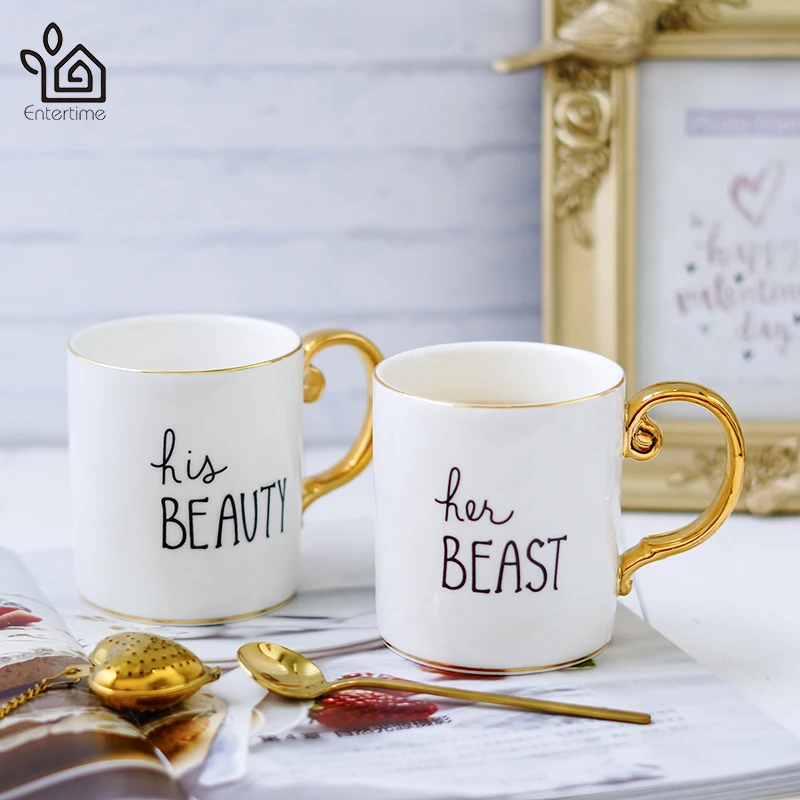 

Entertime set of 2pcs Ceramic coffee Cups Luxury Gold Beauty and Beast Mugs Set- Gift for Engagement Wedding