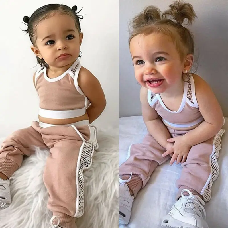 

New Toddler Baby Girls Sport Casual Mesh Vest Crop Tops Pants Outfits Clothes Summer 2Pcs Set