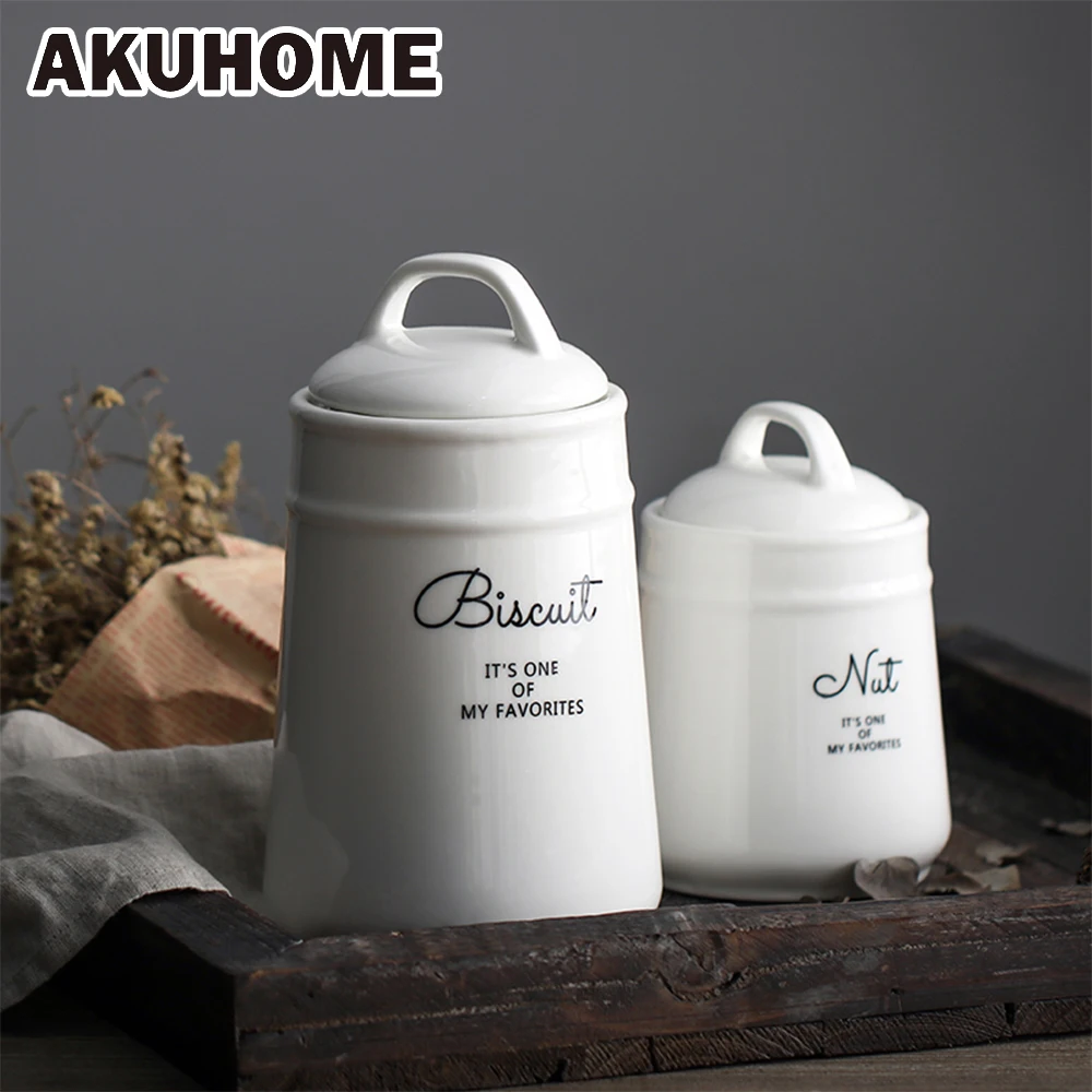 

White Ceramic Storage Coffee Pot Text Pattern Tank Elegant and Thickening European Condiment Bottles AKUHOME