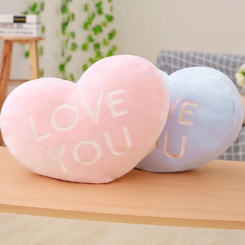 

I Love You Emboridery Soft Fluffy Minky Bolster Heart-shaped Cushion Wedding Decoration Plush Toy Valentines Gift Pillow