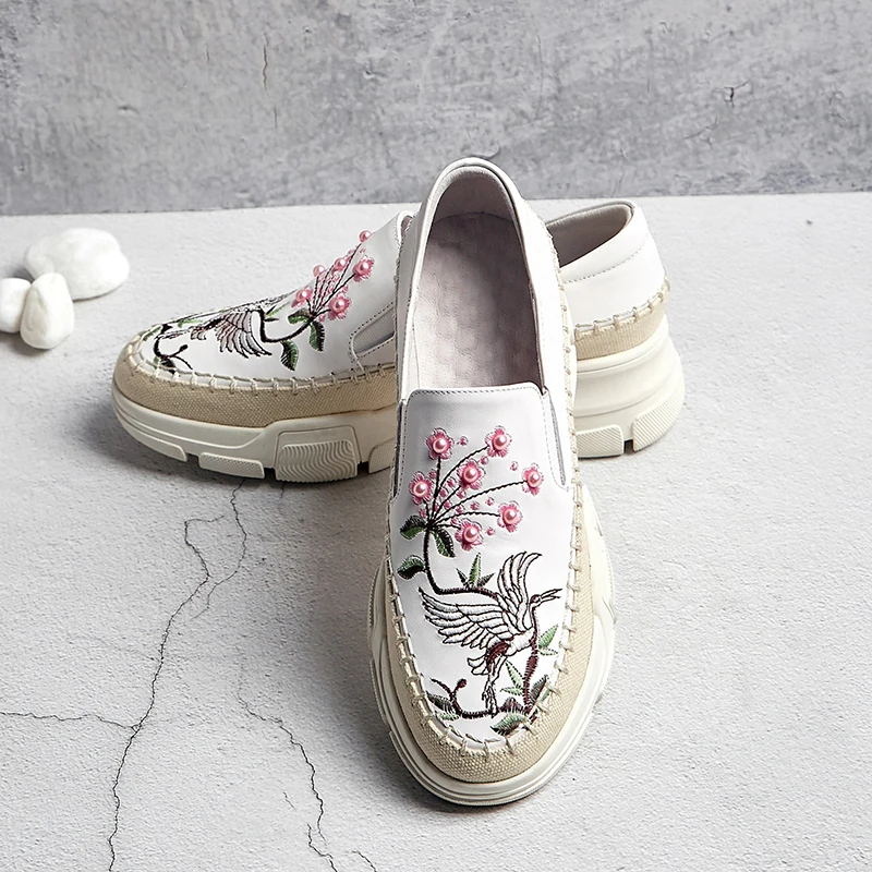 Zapatos Slip beige on Zapatillas Flores Estilo De Botas Plataforma Bordado Las Planos Mocasines Genuino Mujeres Cuero Deporte Black Chino Ocio Pisos XxqRpIU