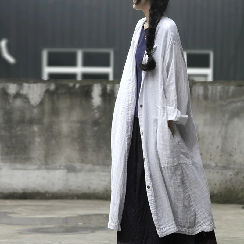 

Johnature Women White Trench Coat 2019 Spring New Long Sleeve Plus Size Women Clothes Cotton Pockets Button Vintage Trench Coat