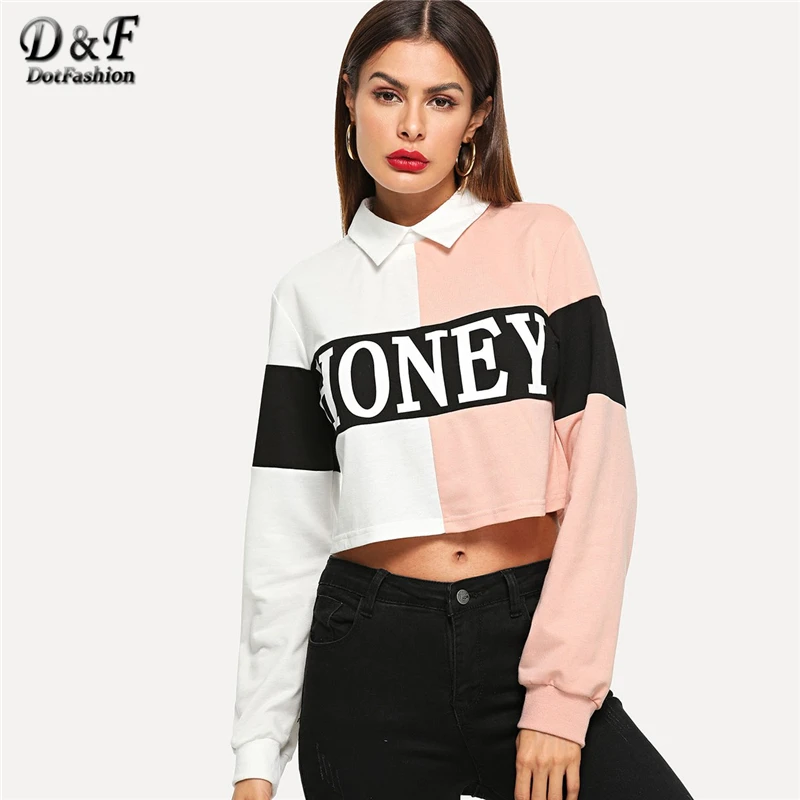 

Dotfashion Colorblock Letter Crop Sweatshirt Women Casual Long Sleeve Clothing 2019 Autumn Womens Fashion Pullovers Sweatshirt