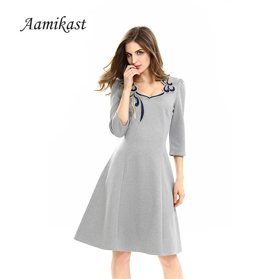 

New Women Elegant Applique Floral Embroidery Crochet O-Neck Dress Work Office Female 3/4 Sleeve Print Dress Sheath Party Dresses