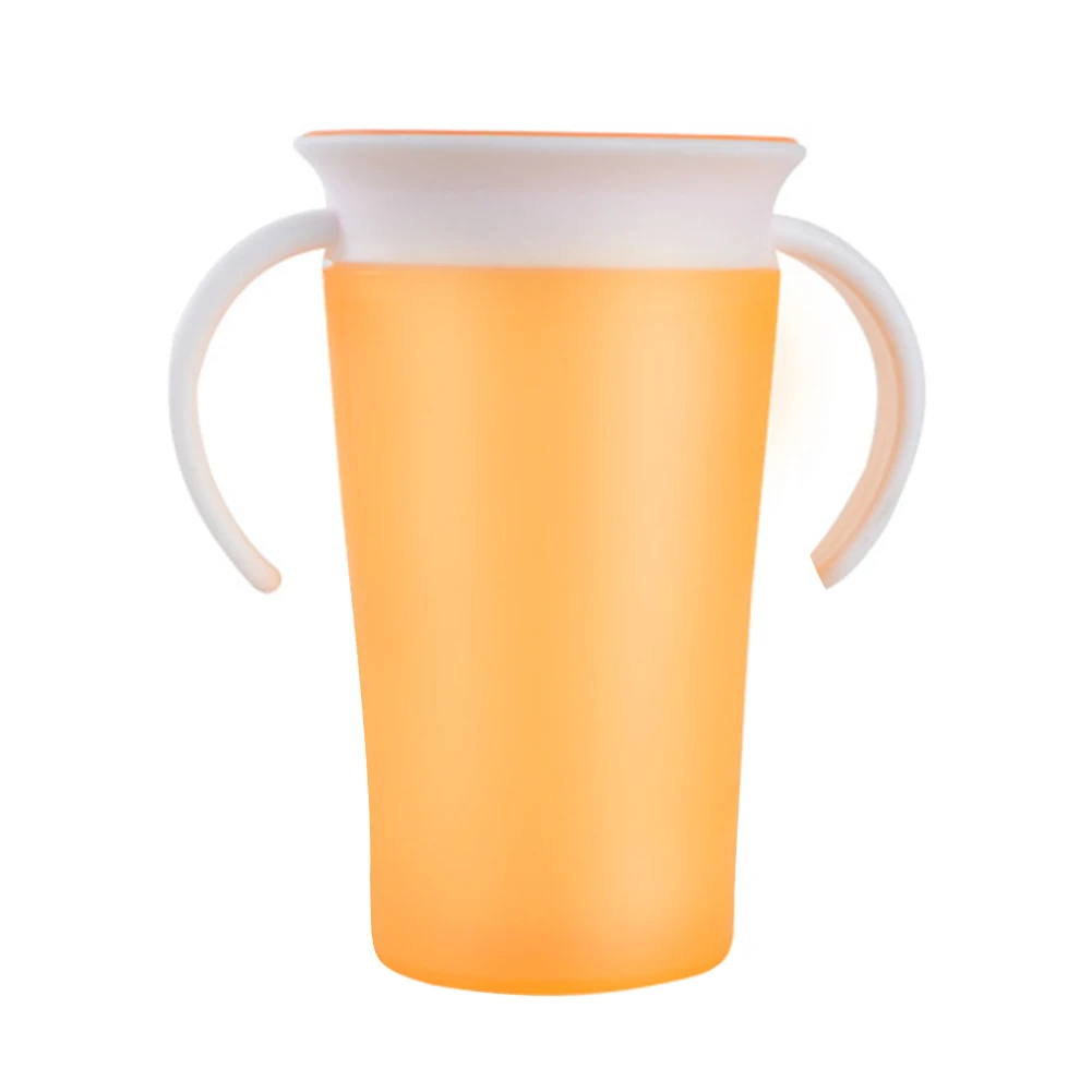 Мягкая силиконовая чашка с ручкой для детей ясельного возраста, одноцветная, гладкая, для тренировок, легко чистится, для воды, 360 градусов, портативная, для обучения от разливов - Цвет: Оранжевый