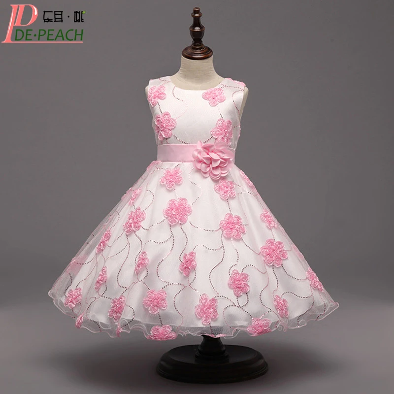 

Pink Flower Belt Girls Wedding Dress Floral Tulle tutu Kids Party Princess Dress Christmas Vestidos Infantil Baby Girls Dresses
