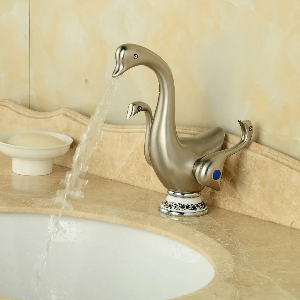 Brushed Nickel Bathroom Basin Faucet Dual Handles Vanity Sink Mixer Tap Swan Faucet Deck Mounted Brushed Nickel Bathroom Basin Faucet Dual Handles Vanity Sink Mixer Tap Swan Faucet Deck Mounted