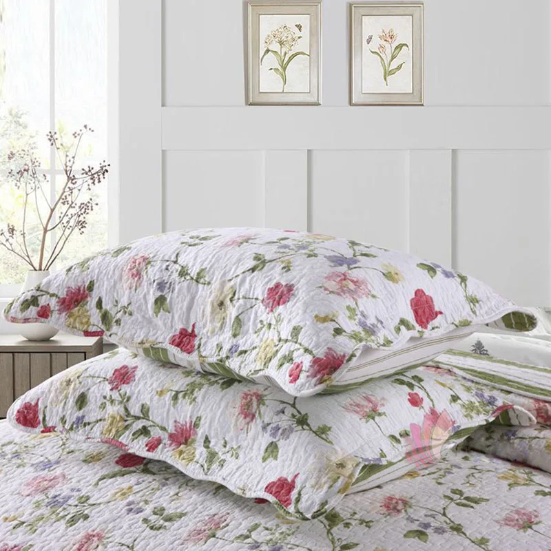 Rose Print Bedspread Quilt Set 3pcs Cotton Quilts Quilted Bedding