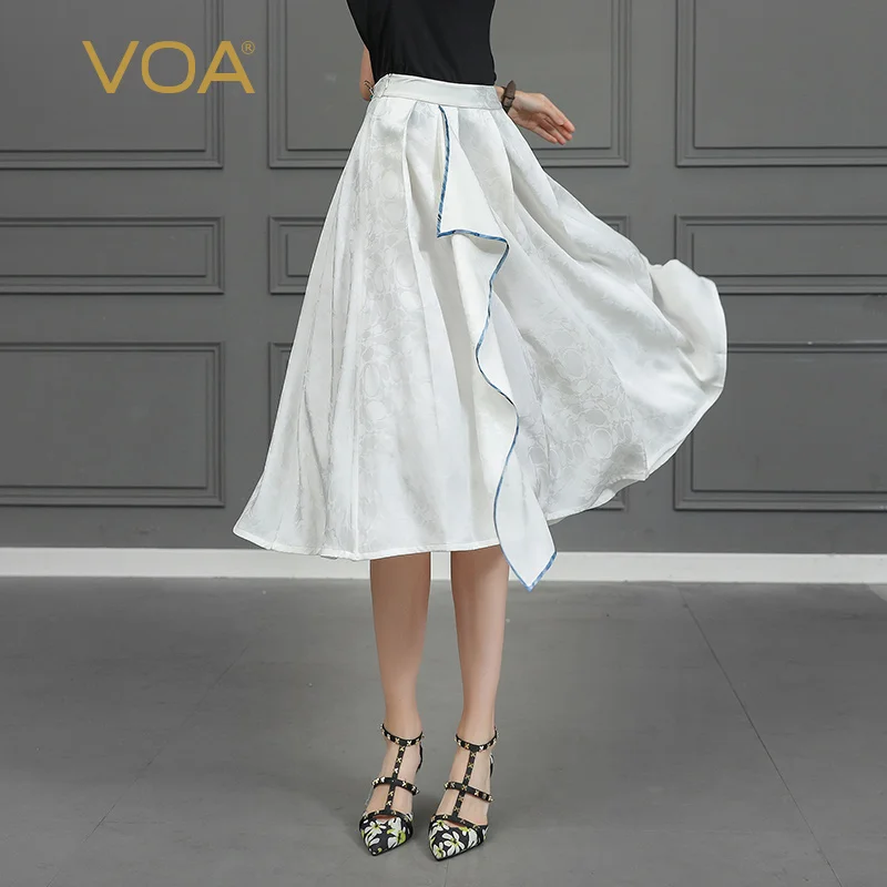 VOA Zijde Jacquard Geplooide Rokken Vrouwen Wit Midi Volledige Rok Herfst Casual Basic Mid Taille Eenvoudige Kantoor Dames Elegante C623 VOA Zijde Jacquard Geplooide Rokken Vrouwen Wit Midi Volledige Rok Herfst Casual Basic Mid Taille Eenvoudige Kantoor Dames Elegante C623