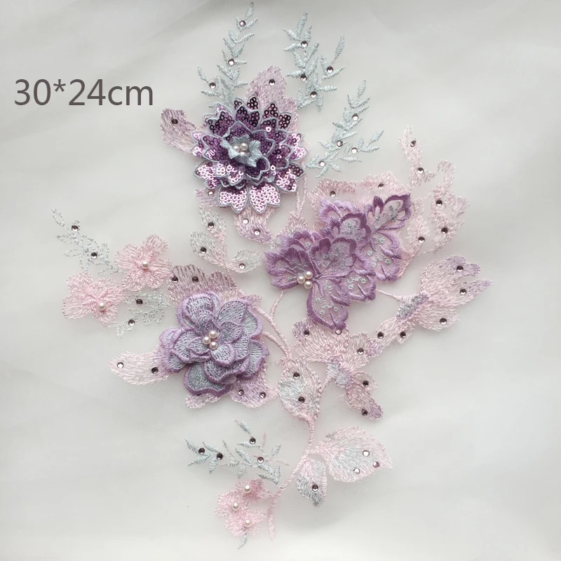 

1 Piece Floral Bridal Beaded Embroidery Lace Applique Trim Wedding 3D Flowers Patches Pearls Mesh Fabric 30x24cm