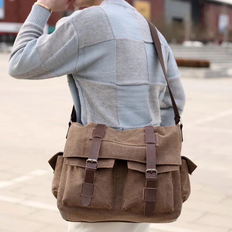 Simple Canvas Bag Men&#39;s Single Shoulder Bag Business Casual Satchel Men&#39;s Postman Shoulder Bag ...