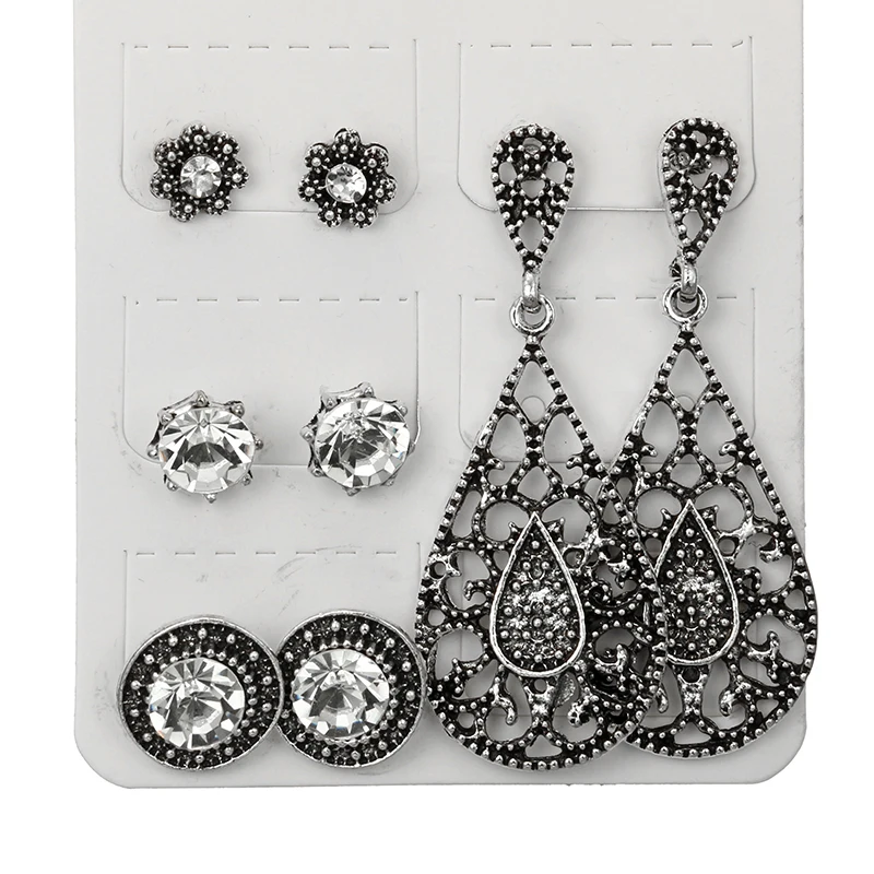 HuaTang, винтажные античные серебряные серьги, набор геометрических цветов, белые, черные стразы, серьги-гвоздики, ювелирное изделие