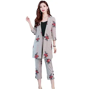 

Women Pant Suits Spring Autumn 2019 New Fashion Embroidery Striped Clothing Ladies Casual Blazer And Calf-Length Pants 2pcs J159