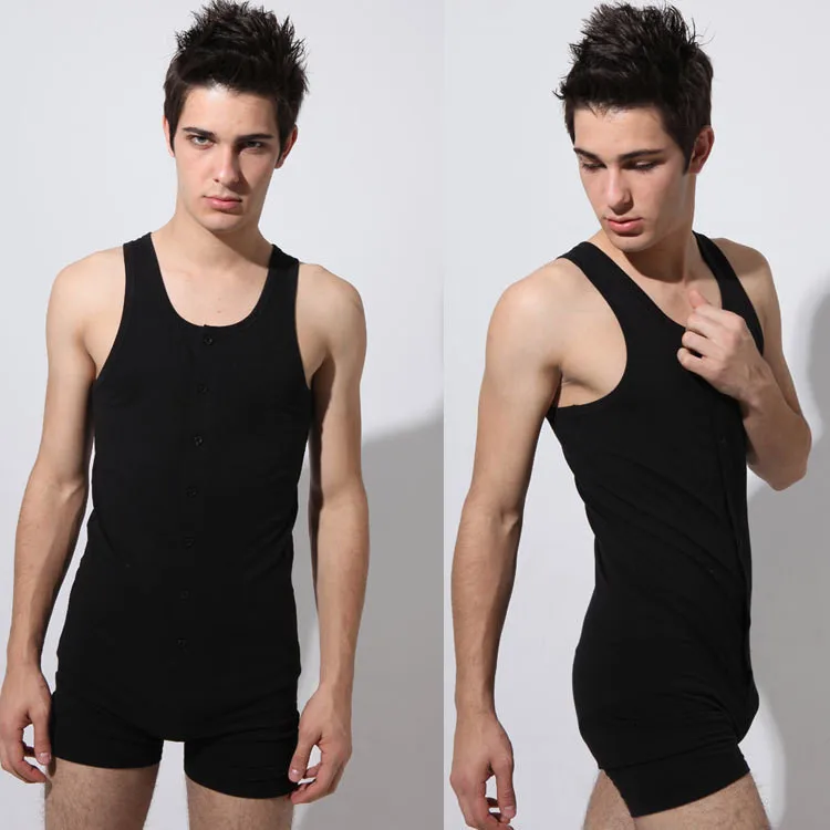 One Piece Suit Pure Cotton Men's Quick Dry Breathable Solid Sleeveless Tank Tops Pajamas Set Male Home Underwear Body Shapers mens brushed cotton pyjamas