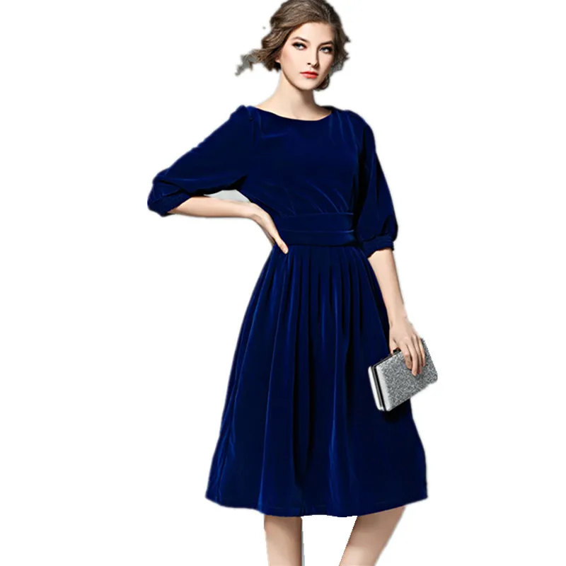 Зимнее бархатное платье, рукав до локтя, красный, синий цвет, элегантная женская одежда, повседневное Ретро винтажное платье для вечеринок
