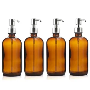 4pcs 500ml Amber Glass Pump Bottle with Stainless Steel Lotion Pump for Bathroom Essential Oils Shampoo Liquid Soap Dispenser