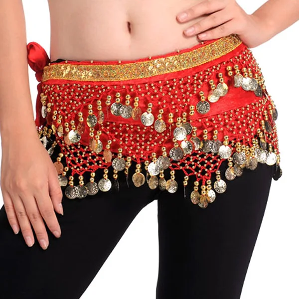 VALICLUD Danza del Ventre Hip Sciarpa delle Donne di Bianco di Danza del Ventre Sciarpa con 128 Monete D/' Oro Catena della Pancia del Pannello Esterno di Ballo per Danza del Ventre